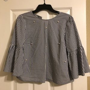 ZARA Ruffle Sleeve Stripe Pearl Top
